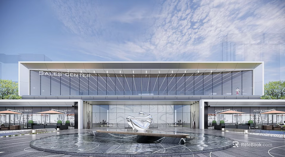 Modern Sales Center Building Featuring Large Glass Curtain Walls Front Fountain and Sculpture 3d model 