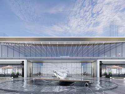 Modern Sales Center Building Featuring Large Glass Curtain Walls Front Fountain and Sculpture 3d model