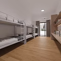 Modern Dormitory Room With Bunk Beds Wooden Flooring Bookshelf Window And Air Conditioner