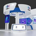 Modern Exhibition Booth with White Blue Circular Top Column Structure and Display Screens