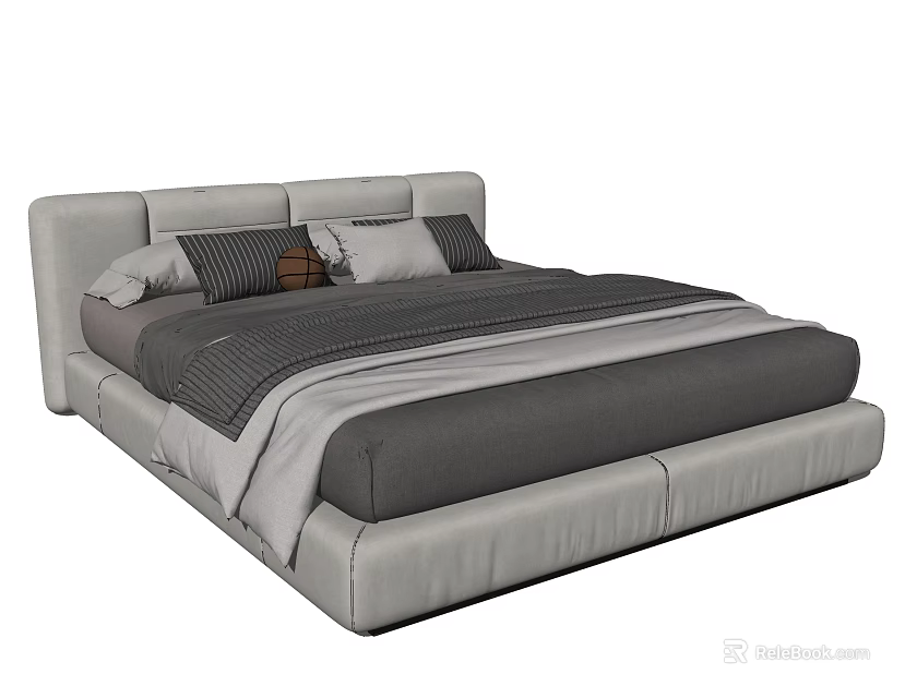 Modern Grey Double Bed With Padded Headboard And Black Grey Bedding Pillows 3d model