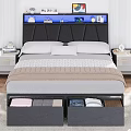 Modern Double Bed with Black Headboard Blue LED Lights Storage Drawers and Nightstands