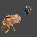Closeup View Of Cicada Exuvia And Colorful Rubik's Cube On Gray Background
