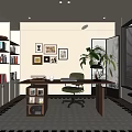 Modern Study Room Interior With Built-in Bookshelves Wooden Desk Chair Potted Plant And Decorative Paintings