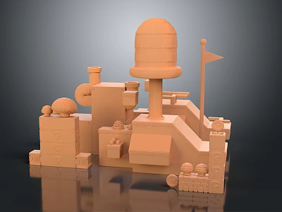 Playful Orange Cartoon Castle Scene With 3D Tower Dome Flag And Block Structures 3d model