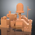 Playful Orange Cartoon Castle Scene With 3D Tower Dome Flag And Block Structures