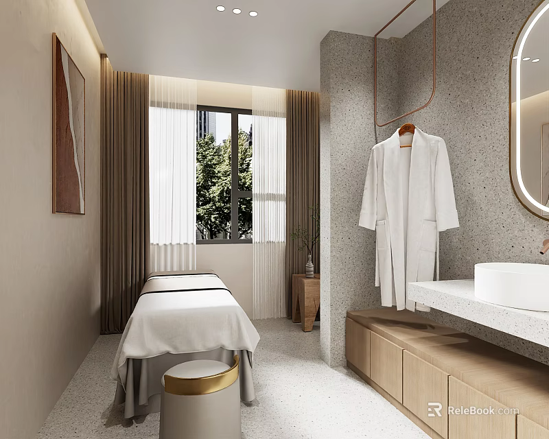 Serene SPA Sauna Room Interior with Massage Bed Hanging Robe and Window View 3d model 