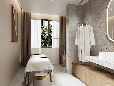 Serene SPA Sauna Room Interior with Massage Bed Hanging Robe and Window View 3d model