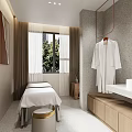 Serene SPA Sauna Room Interior with Massage Bed Hanging Robe and Window View