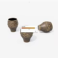 Decorative Set of Three Brown Ceramic Vessels with Gold Engraved Patterns and Smooth Surface
