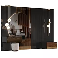 Modern Dressing Table With Round Mirror Hanging Lights And Stool Design 3d model