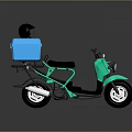 Green Scooter Motorcycle With Blue Storage Box And Black Helmet On Dark Background