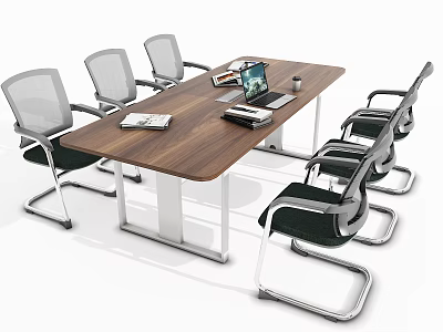 Modern Conference Table With Wooden Top Metal Legs Mesh Back Chairs And Laptop Files Mug 3d model