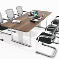 Modern Conference Table With Wooden Top Metal Legs Mesh Back Chairs And Laptop Files Mug