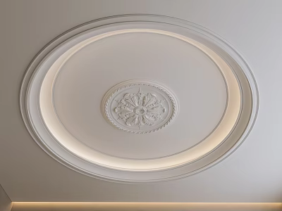 Elegant White Ceiling Design With Circular Frame Central Carved Pattern And LED Strip Lights 3d model