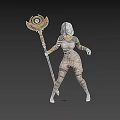 Mummy Style Game Movie Character With White Bandages Golden Winged Scepter And Black Hair
