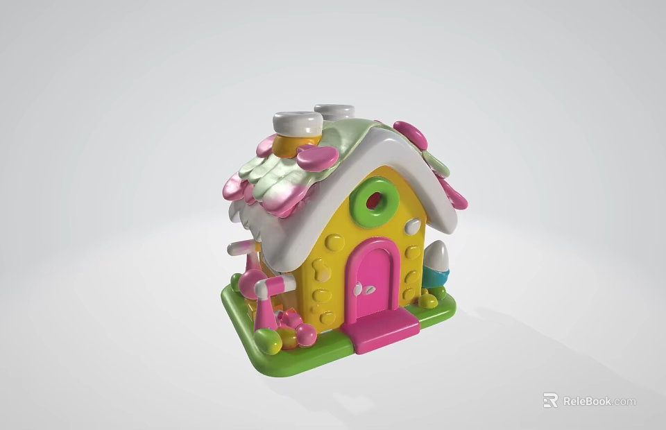 Ancient Architecture Model Featuring Colorful Design Yellow Body Pink Door Green Base And Mushroom Decorations 3d model 