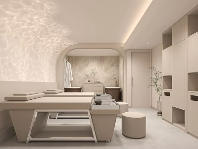 Elegant Modern Beauty Salon Interior With Beige Marble Massage Bed Storage Cabinets And Green Plants 3d model