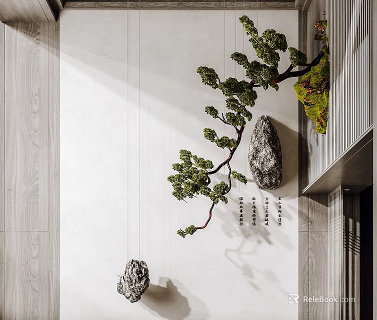 Green Branch Decoration In Modern Indoor Space With Stone Ornaments And White Wall Design 3d model 