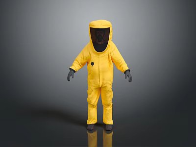 Yellow Full Body Protective Suit With Hooded Design And Black Gloves 3d model