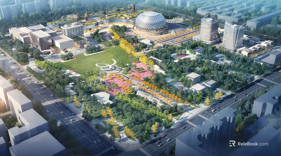 Modern Birds Eye View Planning of Green Square with Domed Building Trees Roads and Vegetation 3d model 