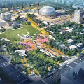 Modern Birds Eye View Planning of Green Square with Domed Building Trees Roads and Vegetation