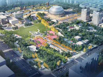 Modern Birds Eye View Planning of Green Square with Domed Building Trees Roads and Vegetation 3d model