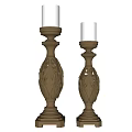 Pair of Wooden Candle Holders with Lit Candles Classic Carved Design Elegant Traditional Style