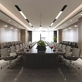 Modern Conference Room Interior Design With Long Table Chairs Plants And Wooden Walls