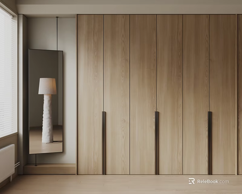 Minimalist Wooden Wardrobe With Vertical Panel Design And Sleek Metal Handles 3d model 