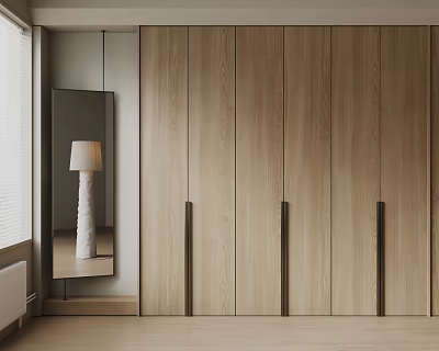 Minimalist Wooden Wardrobe With Vertical Panel Design And Sleek Metal Handles 3d model