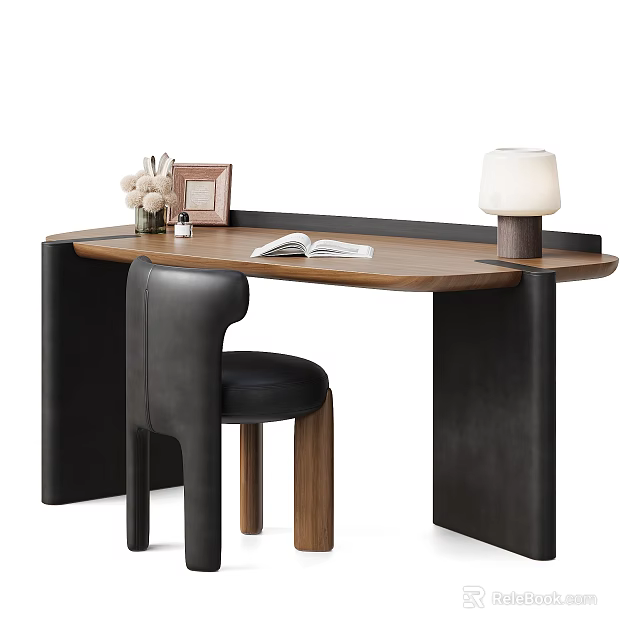Modern Walnut Wood Writing Desk With Comfortable Leather Chair For Elegant Home Study Space 3d model 