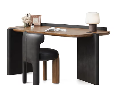 Modern Walnut Wood Writing Desk With Comfortable Leather Chair For Elegant Home Study Space 3d model