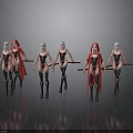 Group of Female Characters with White Hair Red Capes and Black Boots Holding Weapons