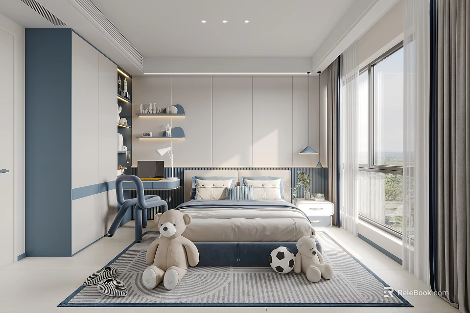 Modern Blue White Children's Bedroom With Toys And Desk 3d model 