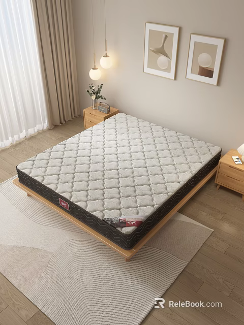 Comfortable Quilted Mattress With Diamond Pattern Light Gray Surface On Wooden Frame Modern Bedroom Setting 3d model 