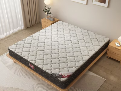 Comfortable Quilted Mattress With Diamond Pattern Light Gray Surface On Wooden Frame Modern Bedroom Setting 3d model