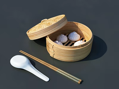 Fresh Steamed Dumplings in Traditional Bamboo Steamer with Chopsticks and Spoon 3d model