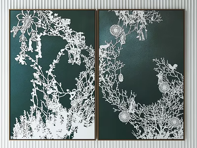 Two Green Background White Paper Cut Art Paintings With Black Frames Plants Flowers Birds 3d model