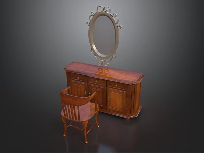 Traditional Wooden Dresser and Chair Set with Ornate Carved Mirror Vintage Style 3d model