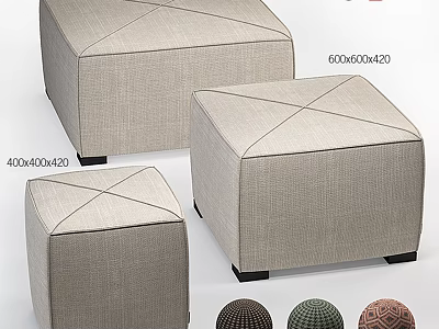Square Linen Ottoman with Stitching Detail Various Sizes 400x400x420 and 500x500x420 Multiple Color Options 3d model