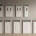 Various Double Doors With Small Windows And Green Signs On Light Wall Wooden Floor