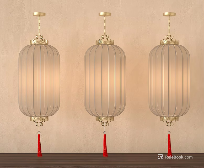 Three Hanging Modern Decorative Lanterns With Golden Frame Translucent Shade Red Tassels 3d model 