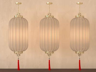 Three Hanging Modern Decorative Lanterns With Golden Frame Translucent Shade Red Tassels 3d model