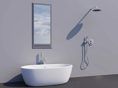 Modern Bathroom Ensemble With Freestanding Bathtub Mirror Shower Fixture And Light Gray Wall 3d model