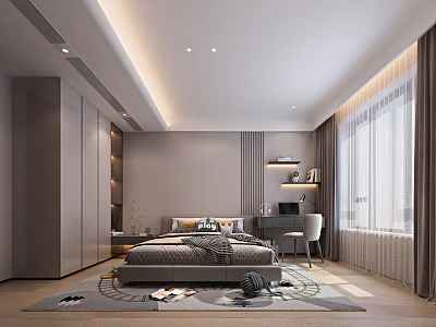 Modern Kids Bedroom Interior With Bed Study Desk Wardrobe Curtained Window And Soft Rug 3d model