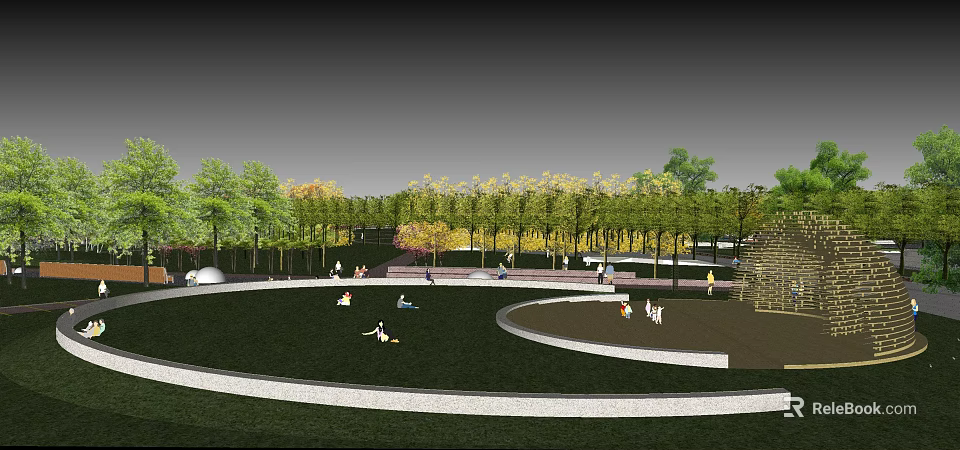 Serene Park Landscape With Green Lawn Circular Pathway And Colorful Trees People Relaxing 3d model 