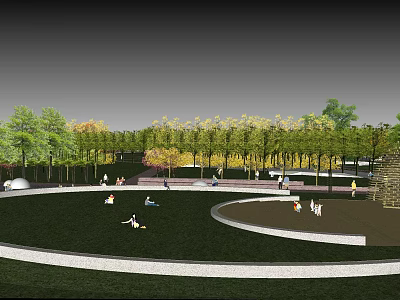 Serene Park Landscape With Green Lawn Circular Pathway And Colorful Trees People Relaxing 3d model