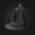 Mystical Archway Structure With Symmetric Spires Circular Platform And Glowing Base