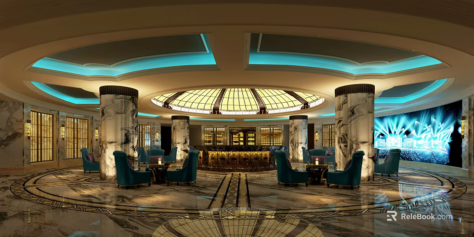 Luxurious KTV Interior With Marble Columns Blue Sofas Bar Counter And Ceiling Lights 3d model